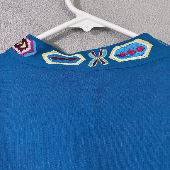 Luv Embroidered Peasant Tunic Shirt Turquoise Blue Women Sz L Boho Aztec - Picture 9 of 10